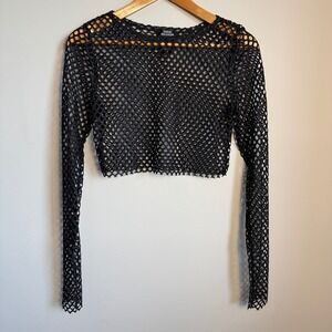 Social Collision Black Mesh Long Sleeve Crop‎ Top Rave Festival Party Gothic Sml